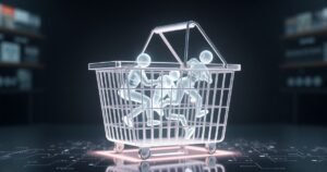 Kõrge resolutsiooniga 3D-renderdatud klaasist ostukorv, mis hõõgub sinakalt ja sisaldab väikseid hõõguvaid AI-agente digitaalse turuplatsi keskel, tumedal minimalistlikul taustal, cinematic stuudio valgustus