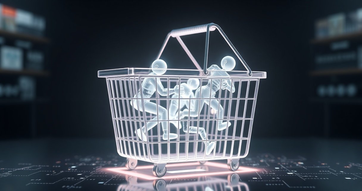 Kõrge resolutsiooniga 3D-renderdatud klaasist ostukorv, mis hõõgub sinakalt ja sisaldab väikseid hõõguvaid AI-agente digitaalse turuplatsi keskel, tumedal minimalistlikul taustal, cinematic stuudio valgustus