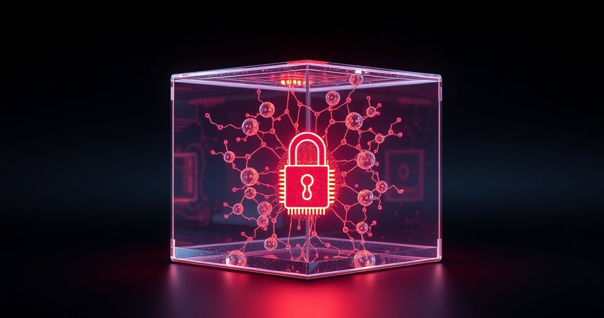 Kõrge resolutsiooniga kinemaatiline stuudiofoto hõõguvast klaaskuubist, milles on nähtav keerukas molekulaarne struktuur segatuna mikrokiibi ja lukustatud andmekeskuse elementidega, tume minimalistlik taust, premium tech toote renderdus