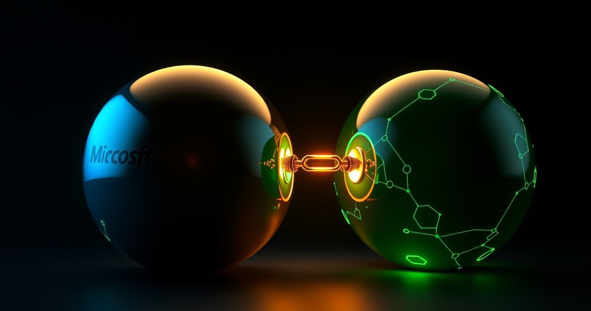 Kõrge eraldusvõimega 3D-render, kus kaks hiiglaslikku läikivat metallkuuli – üks sinine Microsofti logo ja teine roheline OpenAI logo – on lahti ühendatud painduva kullavärvi ahelaga tumedal minimalistlikul taustal, cinematic studio valgustus