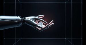 Kõrge eraldusvõimega 3D render läikivast metallist värbamisrobotist, kes hoiab käes inimlikku käepigistust sümboliseerivat klaaskuubi tumedal taustal, cinematic stuudiovalgustus, premium tehnoloogiaajakirja stiilis