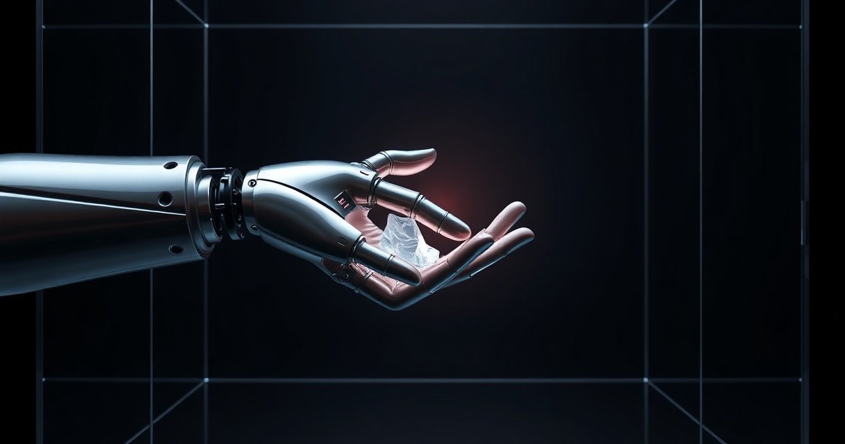 Kõrge eraldusvõimega 3D render läikivast metallist värbamisrobotist, kes hoiab käes inimlikku käepigistust sümboliseerivat klaaskuubi tumedal taustal, cinematic stuudiovalgustus, premium tehnoloogiaajakirja stiilis