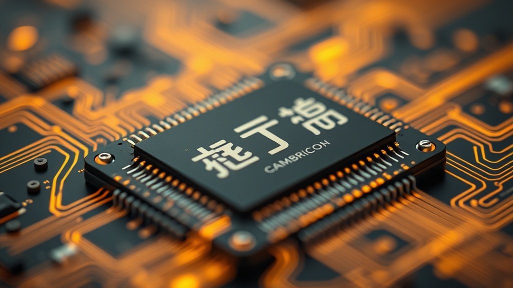 Makrofotograafia kiirest pildigeneratsiooniprotsessist: detailne elektrooniline kiip Cambricon arhitektuuriga, mis toodab fotorealistlikke pilte otse, terava sügavusega ja draamatilise valgustusega, puhas kompositsioon.