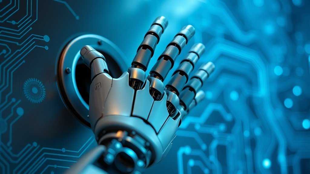 Fotorealistlik makrofotograafia: detailne humanoid-robot käsi, mis ulatub välja metallist pinnast, ümbritsetud peenikeste elektrooniliste vooluringide ja pehmete siniste valgusjoontega, dramatic cinematic lighting, äärmiselt detailne