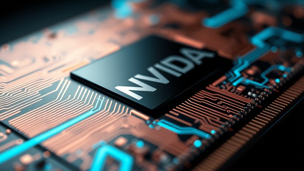 Fotorealistlik makrofotograafia läikivast Nvidia GPU kiibist, mis on ümbritsetud peentest vasktraatidest ja hõõguvatest andmevoogudest, sügav teravussügavus, draamaline kinematograafiline valgustus, detailne tööstuslik kompositsioon