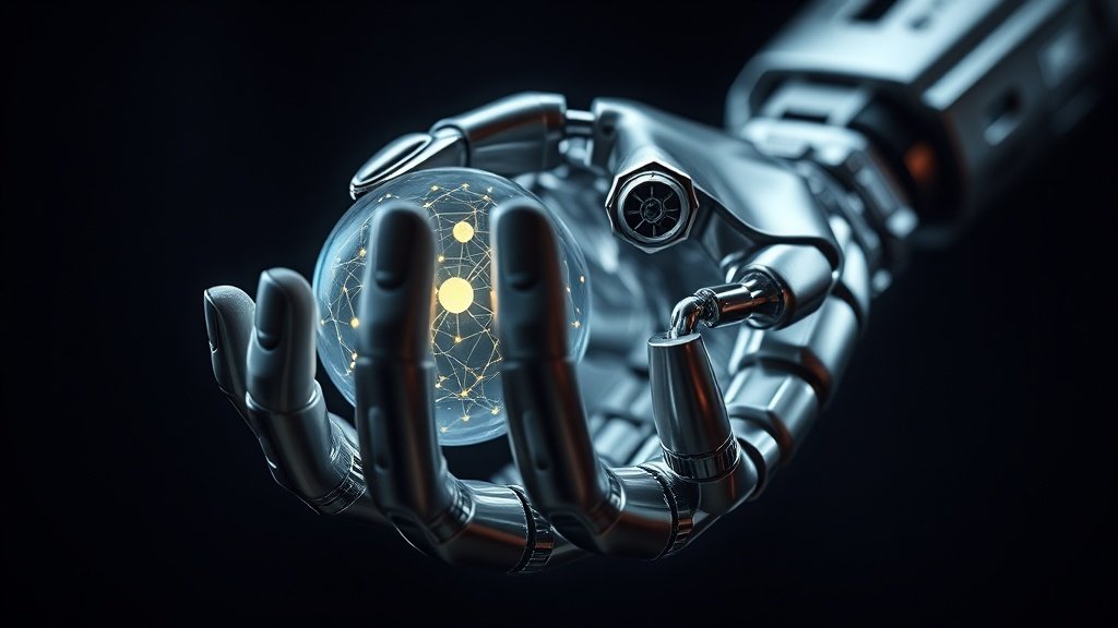 Makrofotograafia läikivast metallist robotkäest, mis hoiab õrnalt inimese käe kontuuri, detailne tekstuur, dramatiline valgus ja madal teravussügavus, tehnoloogiline ja inimlik kontrast