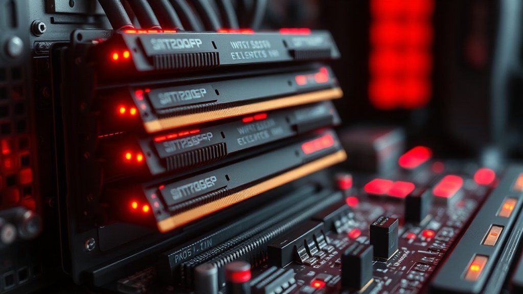Makrofotograafia detailne mälukiipide hunnik, mis on ühendatud serveri emaplaadiga, hõõguvad punased ja sinised LED-id, terav sügavusväli, fotorealistlik toimetuse stiil