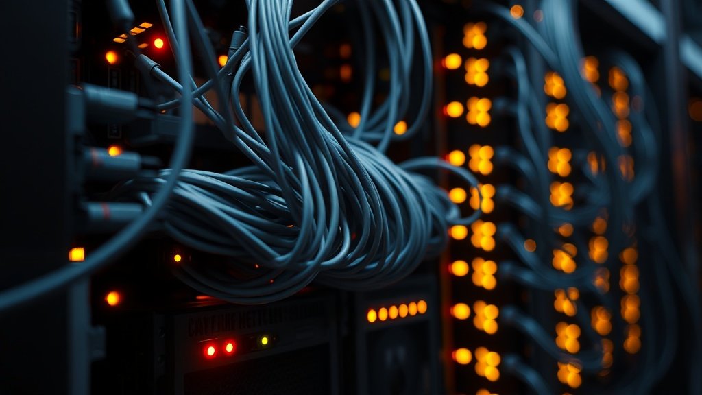 Fotorealistlik makrofotograafia detailne GPU-serveri võrgukaabli ja kiipide ühendus, sügav teravussügavus, draamatiline kinematograafiline valgustus, puhas kompositsioon, esindades superarvuti võrgu infrastruktuuri