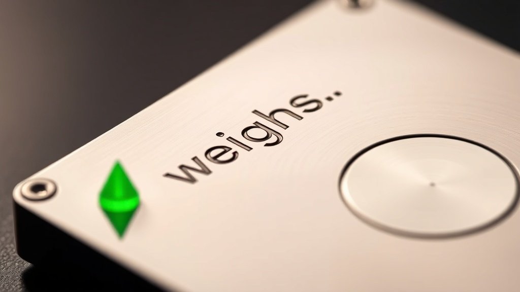 Fotorealistlik makrofoto 4 gigabaidise andmefaili weights.bin ikoonist, mis on füüsiliselt graveeritud läbipaistvale SSD-kettale, mille kõrval on väike roheline hoiatusmärk ja Chrome'i logo kajastus, terav sügavusega teravustamine