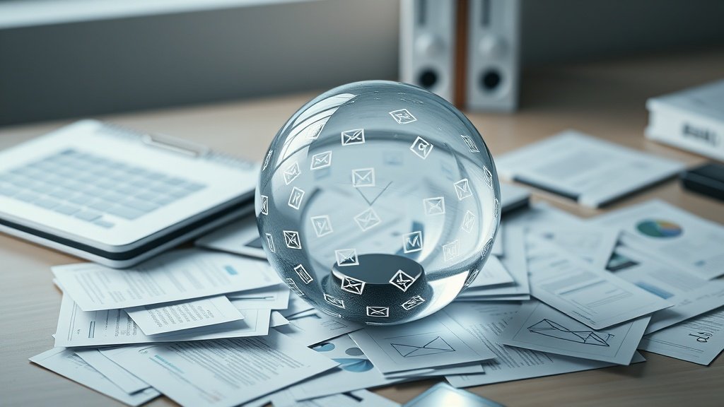 Makrofotograafia futuristlikust klaasist ja metallist digitaalsest assistendist, kes organiseerib laiali pillatud dokumente, kalendreid ja e-kirju läbipaistval laual, peegeldustega ja peenel teravussügavusel