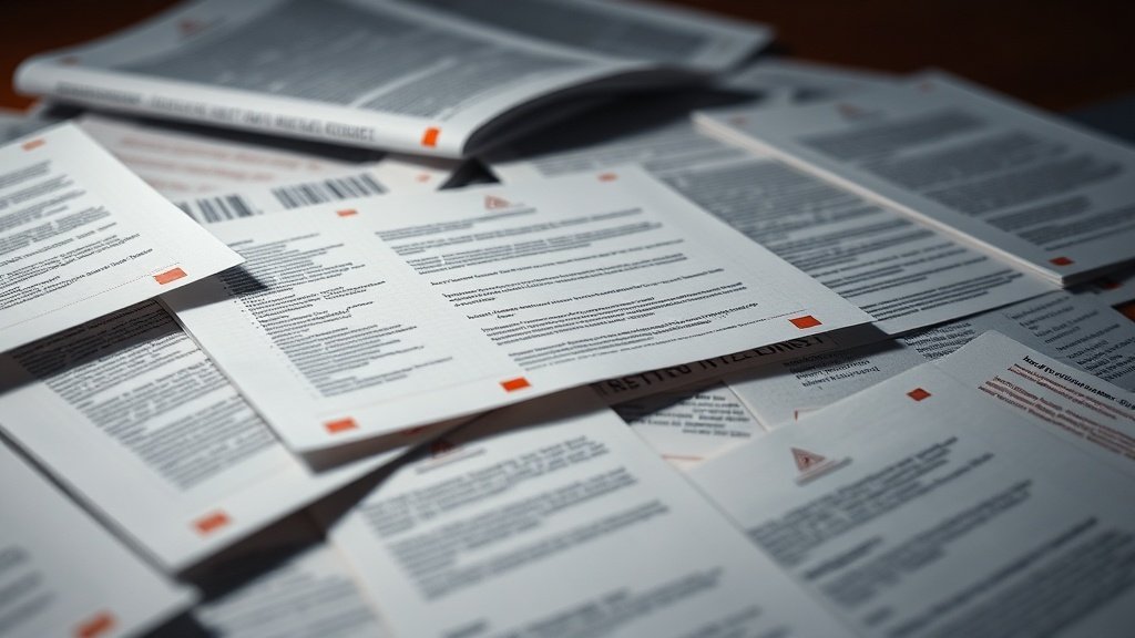 Makrofotograafia detailne pilt segadusest paberihunnikust teadusartiklitega, kus punased hoiatusmärgid tähistavad AI hallutsinatsioone ja libaviiteid, draamatiline kinemaatiline valgustus