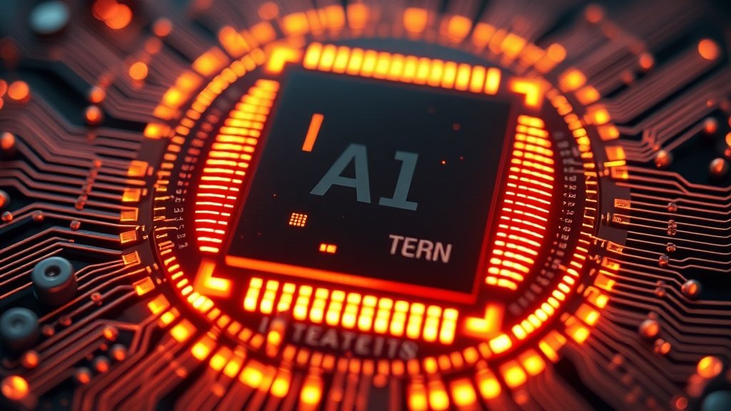 Fotorealistlik makrofoto hõõguvast wafer-scale AI-kiibist, millel on nähtavad jahutusprobleemid ja elektroonilised ühendused, sügav teravussügavus, draamatiline kinematograafiline valgustus, puhas kompositsioon