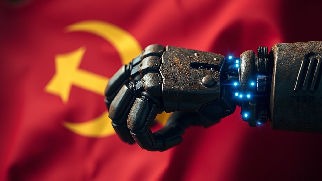 Makrofotograafia detailne pilt roostes tööstuslikust robotkäest, mis hoiab vana kommunistlikku punast lippu, millel on peal peened LED-valgusjooned, sügav teravussügavus, dramaatiline kinematograafiline valgustus, editorial fotostiil