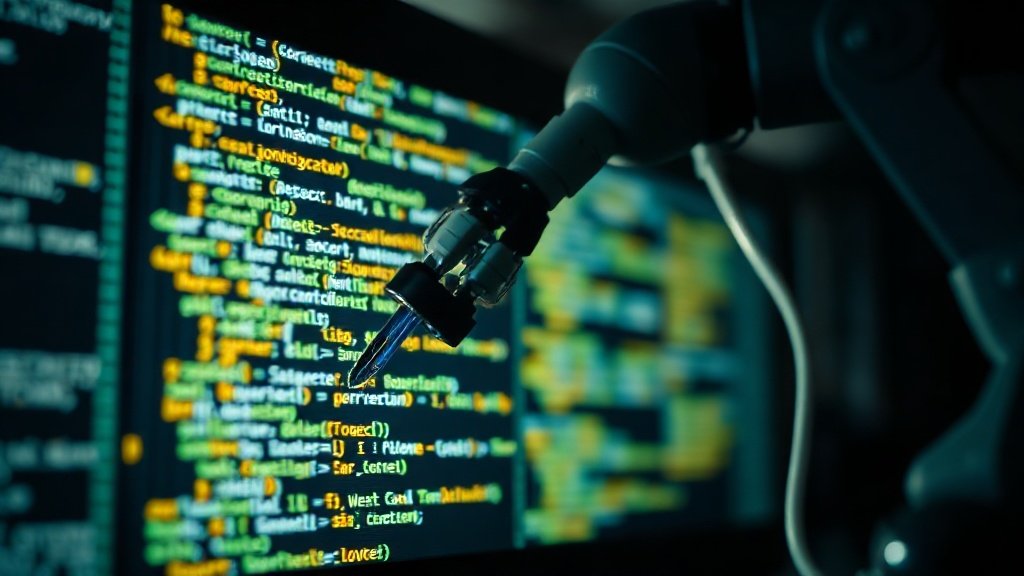 Detailne makrofotograafia miniatuursest robotkäest, mis kirjutab koodi helendaval ekraanil, kujutades AI-d tarkvaraarenduses.
