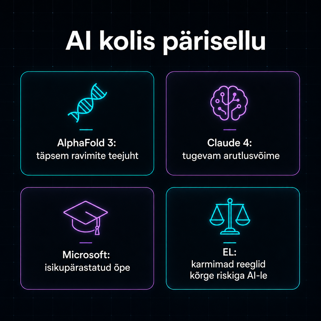 Minimalistlik tume infograafik nelja päevauudisega: AlphaFold 3, Claude 4, haridus-AI ja Euroopa Liidu regulatsioonid.