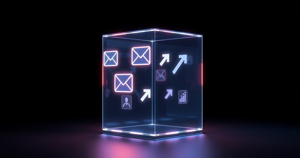 Kõrge eraldusvõimega 3D renderduses läikiv klaaskuub, mis esindab autonoomset AI agenti, mille sees kuvatakse sündmuste ahelat nagu e-kiri, Slacki teade ja automaatne töövoog, tumedal minimalistlikul taustal, cinematic stuudio valgustusega.