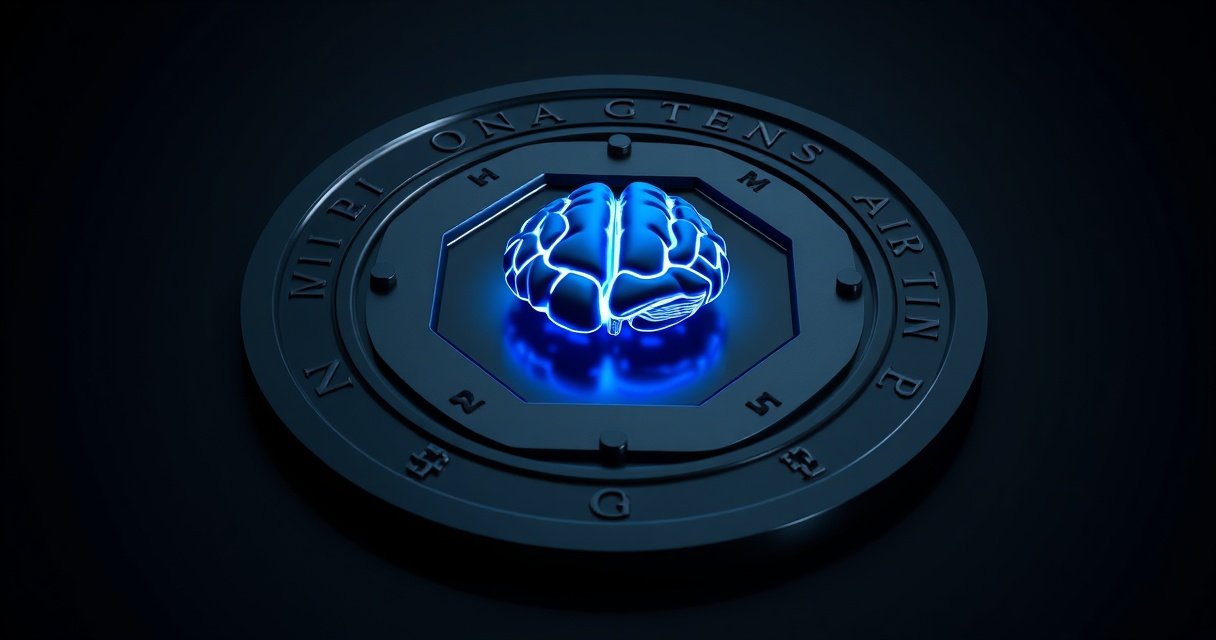 Kõrge eraldusvõimega 3D-render tumedal taustal: läikiv must Pentagoni pitser, mille keskel hõõgub sinine digitaalne aju, ümbritsetud Nvidia, OpenAI ja xAI logodest, cinematic studio lighting, premium tech editorial stiilis