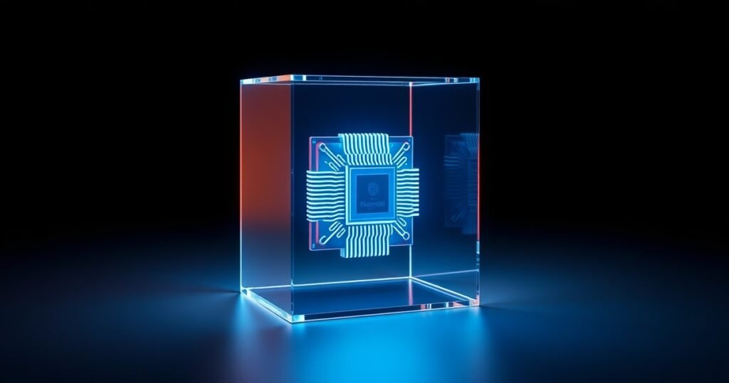 Kõrge resolutsiooniga 3D render läikivast klaaskuubist, mille sees hõõgub sinine AI-protsessor, tumedal minimalistlikul stuudio taustal, kõrge kontrastiga cinematic valgustus, premium tech tootevisuaal