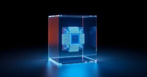 Kõrge resolutsiooniga 3D render läikivast klaaskuubist, mille sees hõõgub sinine AI-protsessor, tumedal minimalistlikul stuudio taustal, kõrge kontrastiga cinematic valgustus, premium tech tootevisuaal