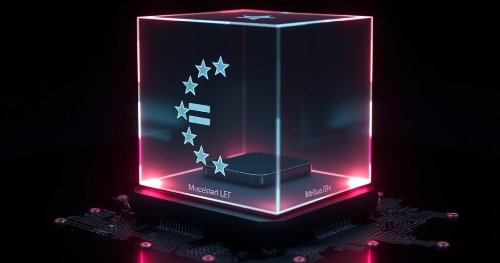 Kõrge kvaliteediga 3D render tumedast läikivast klaaskuubist, mille sisse on graveeritud Euroopa Liidu tähed ja iPhone'i ikoon, ümbritsetud peente elektrooniliste vooluringidega, cinematic stuudiovalgus tume taustal