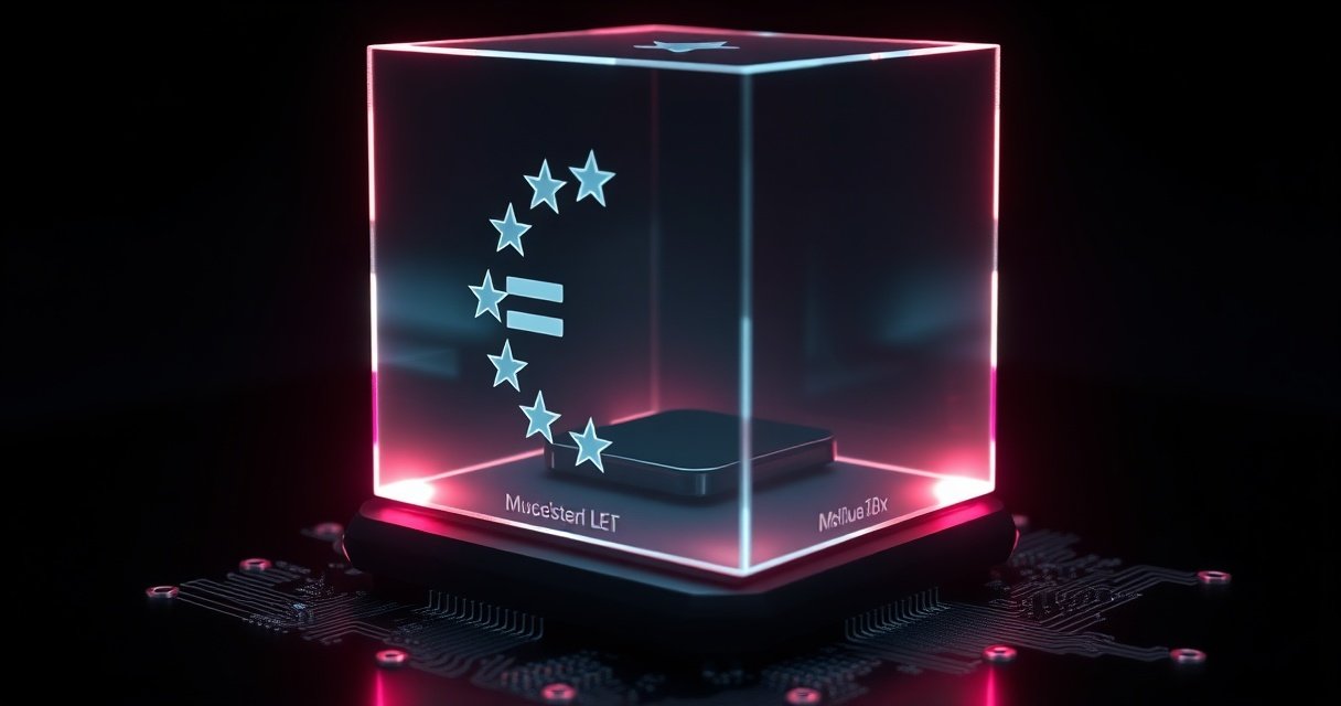 Kõrge kvaliteediga 3D render tumedast läikivast klaaskuubist, mille sisse on graveeritud Euroopa Liidu tähed ja iPhone'i ikoon, ümbritsetud peente elektrooniliste vooluringidega, cinematic stuudiovalgus tume taustal