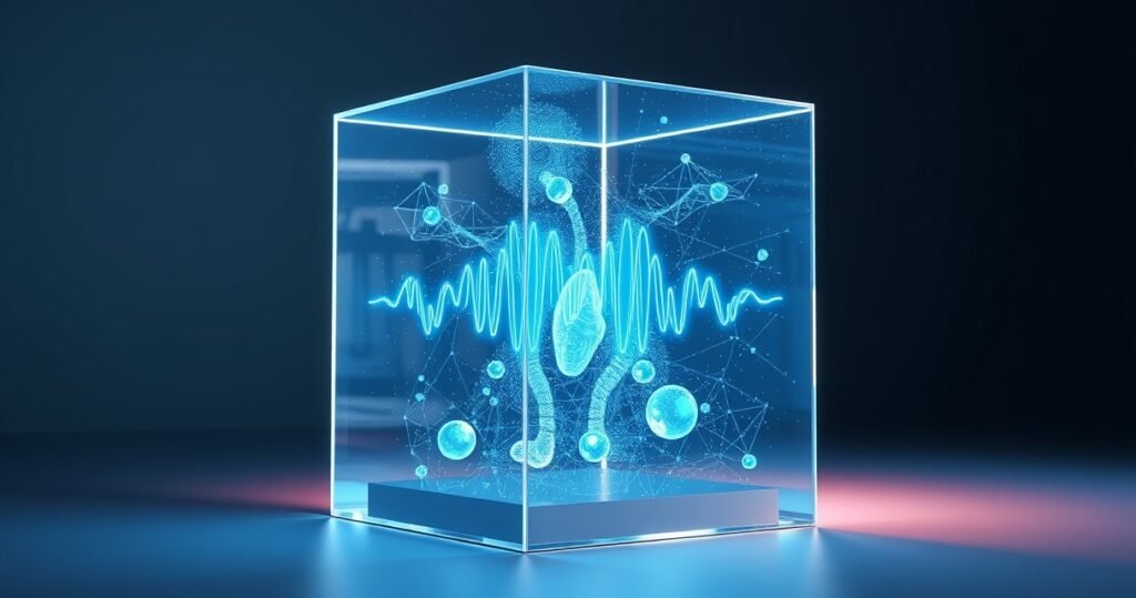 Kõrge resolutsiooniga kinemaatiline 3D render läikivast klaaskuubist, milles kuvatakse sinakas häälelaine ja tekst "GPT-Realtime-2", tumedal minimalistlikul taustal, premium tech tootevisuaal