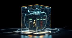 Tumedas stuudios hõõguv klaaskuub, mis sümboliseerib elektrivõrku, mille sees on nähtavad andmekeskuste serverid ja väikesed AI robotmänguasjad, cinematic studio lighting, sleek high-end 3D render
