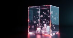 Kõrge eraldusvõimega 3D-renderdus hõõguvast klaaskuubist, mis kujutab tulevikulist AI-agentit ostukorvi keskel tumedal minimalistlikul taustal, cinematic stuudiovalgustusega premium tech-blogin stiilis