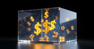 Kõrge resolutsiooniga 3D render läikivast klaaskuubist, milles on näha digitaalsed dollarimärgid ja sinine AI võrk, tumedal minimalistlikul taustal, premium tech tootevõte stiilis