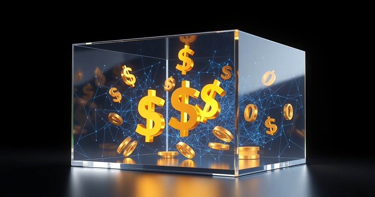 Kõrge resolutsiooniga 3D render läikivast klaaskuubist, milles on näha digitaalsed dollarimärgid ja sinine AI võrk, tumedal minimalistlikul taustal, premium tech tootevõte stiilis