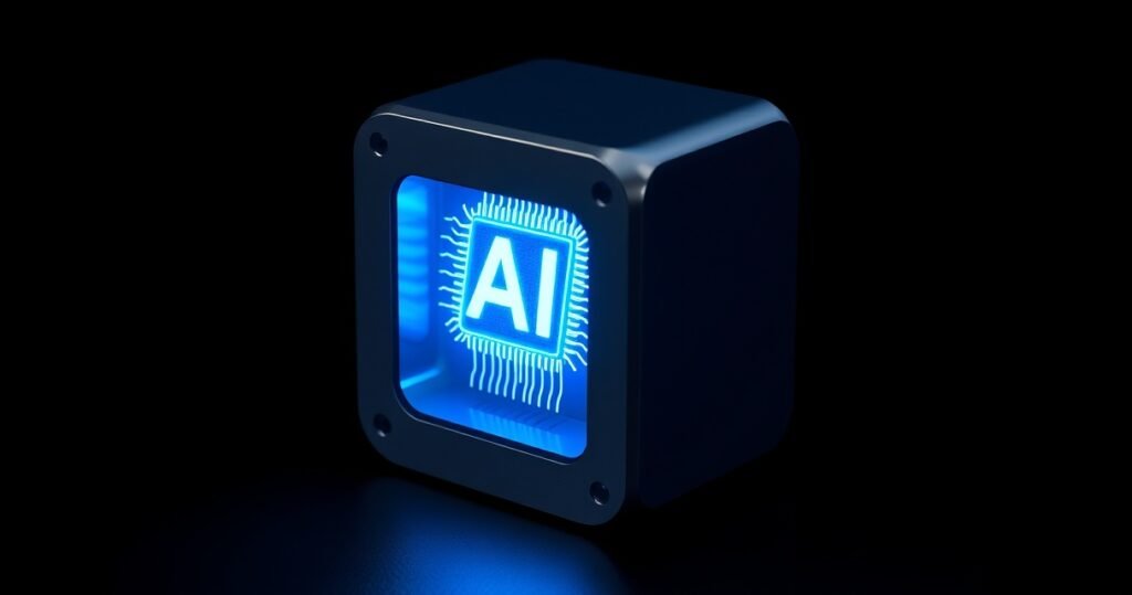 Kõrge resolutsiooniga kinemaatiline stuudiofoto läikivast titaanist kuubist, mille sisse on lõigatud hõõguv sinine AI kiip, peegeldub tumedal minimalistlikul taustal, premium tech tootefotograafia stiilis.