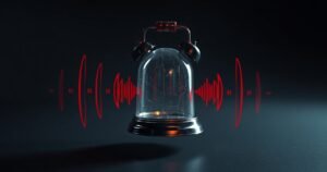 Kõrge kvaliteediga 3D-renderdus läikivast klaasist kriisikella, mis heliseb punase helinaga tumedal taustal, sümboliseerides AI mainekriisi ja häälkloonimise ohte, cinematic studio valgustus, tume minimalistlik tagapõhi