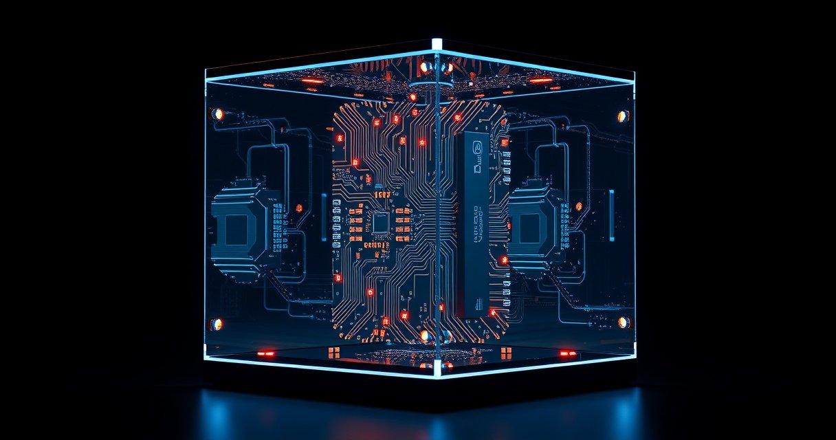 Lähivõte hõõguvast klaaskuubist, mille sees on keerukad digitaalsed ahelad, mis sümboliseerivad tehisintellekti jõudu ja tulevikku.