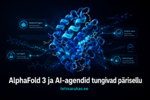 Tume futuristlik 3D-valgumolekul hõõguvate tsüaansete ühendustega, mille taustal on AI-agentide andmevood ja tehnoloogiaajakirja stiilis pealkiri.