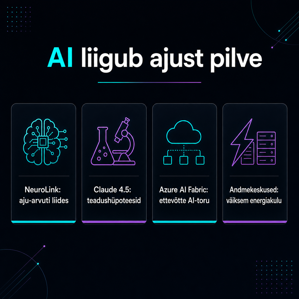 Tume minimalistlik infograafik nelja AI-uudisega ajust, teadusest, pilvest ja energiast