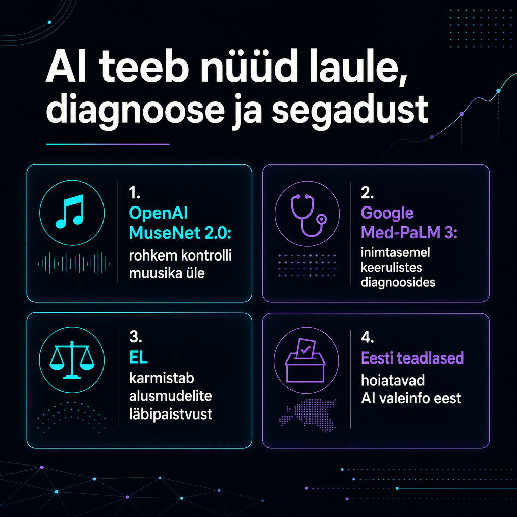 Tume infograafik nelja AI uudisega muusika, meditsiini, regulatsiooni ja desinformatsiooni kohta