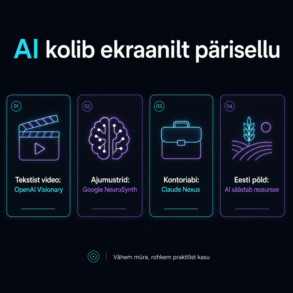 Tume eestikeelne infograafik päeva AI uudiste kohta, näidates video-AI, aju-uuringute, kontoriassistentide ja Eesti põllumajanduse teemasid