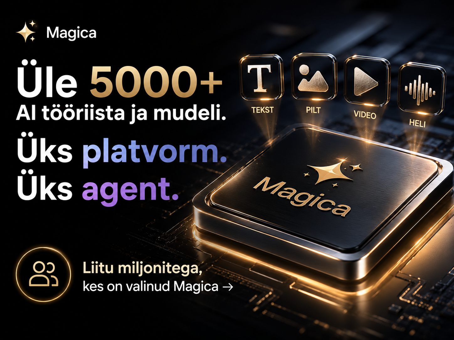 AI platvorm ühes agent Magica tekst, pilt, video ja heli tööriistad