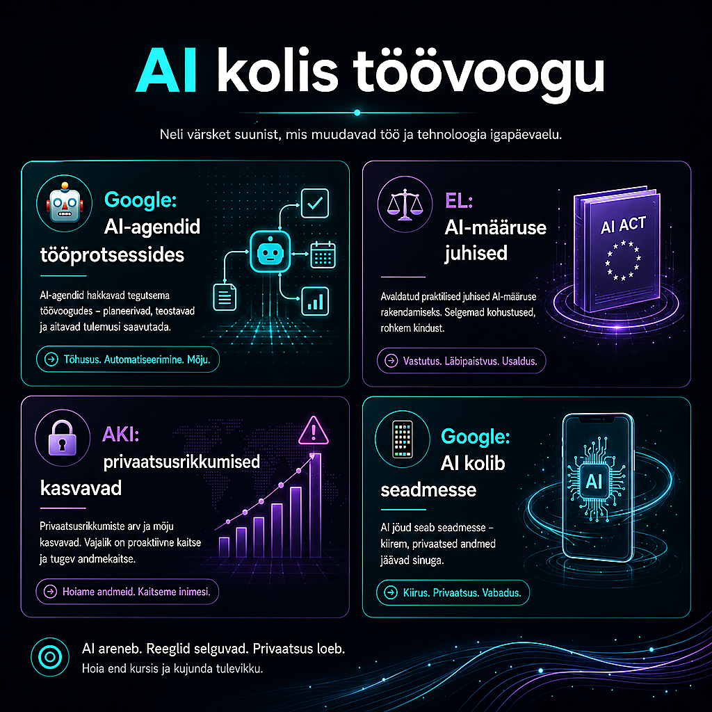 Minimalistlik tume infograafik, mis näitab nädala põhilisi AI-uudiseid: agendid, Euroopa reeglid, vesimärgid ja Eesti ettevõtete kasutus.