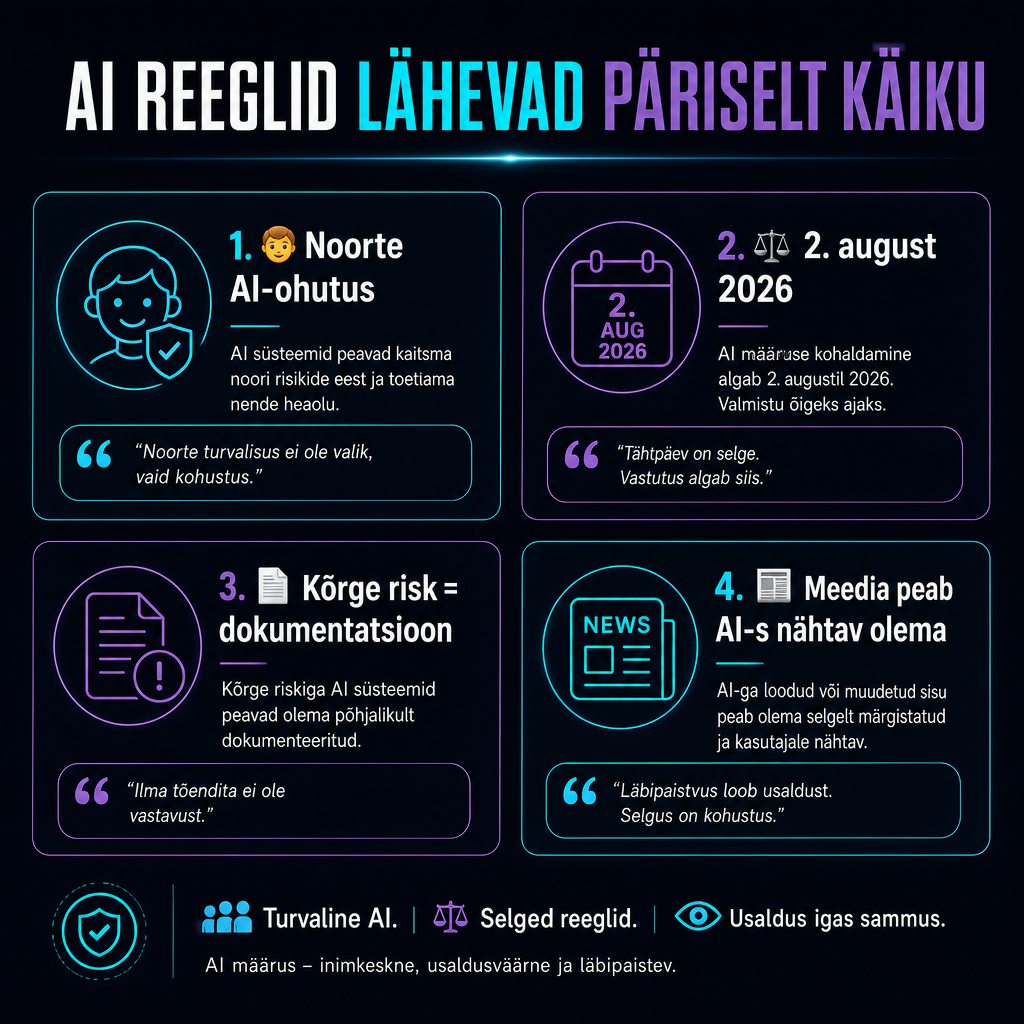 Minimalistlik tume infograafik Eesti ettevõtte AI kohustustest, kõrge riskiga süsteemidest ja noorte tehisintellekti ohutusest.