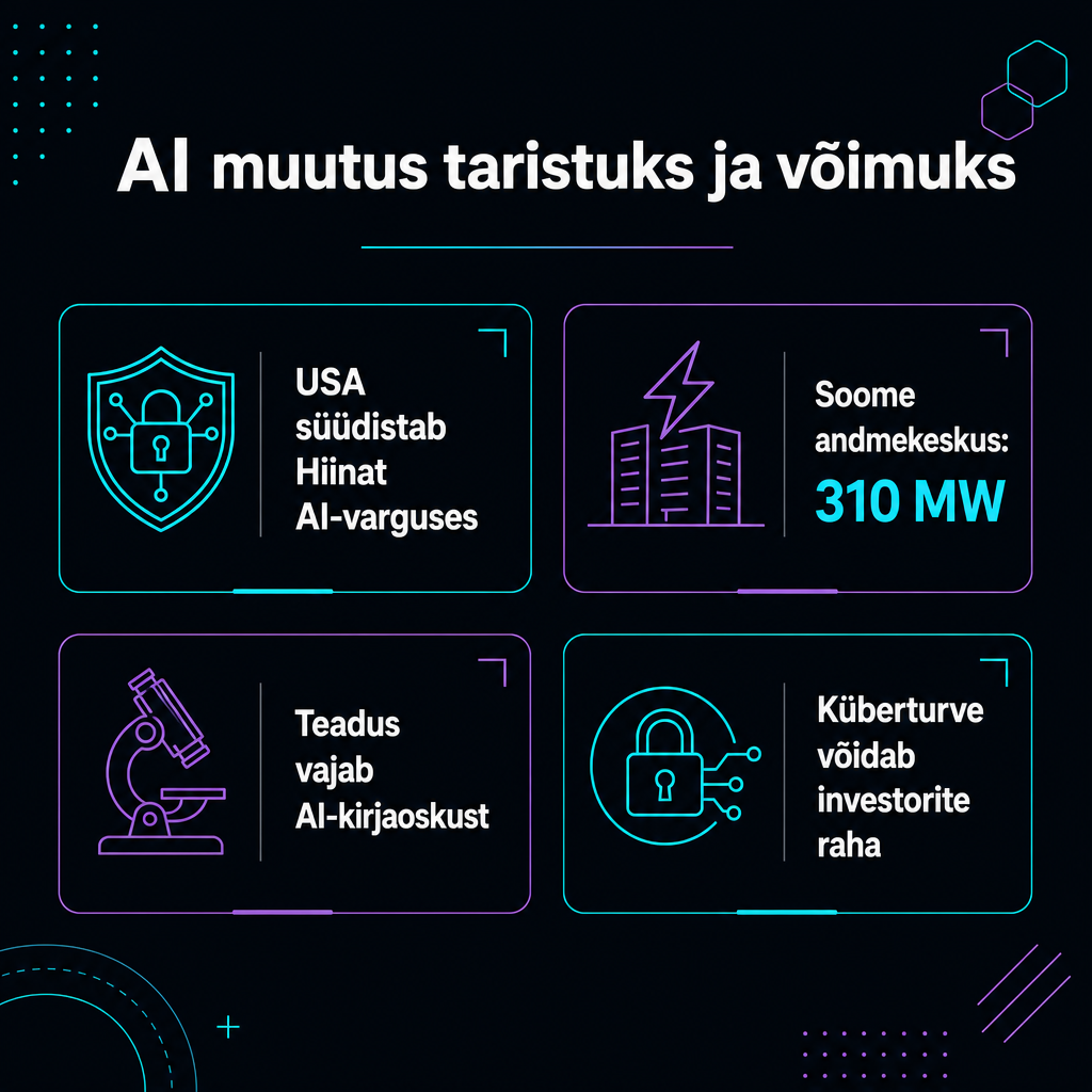 Tume minimalistlik infograafik päeva AI uudistega: Hiina ja USA konflikt, Soome andmekeskus, teadusrahastus ja küberturbe kasv