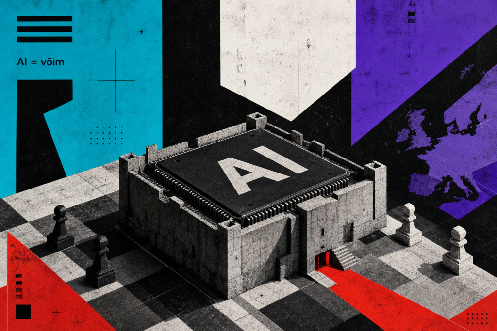 Neo-brutalistlik abstraktne illustratsioon AI kiibist geopoliitilise malelaua keskel, taustal USA, Hiina ja Euroopa värviplokid