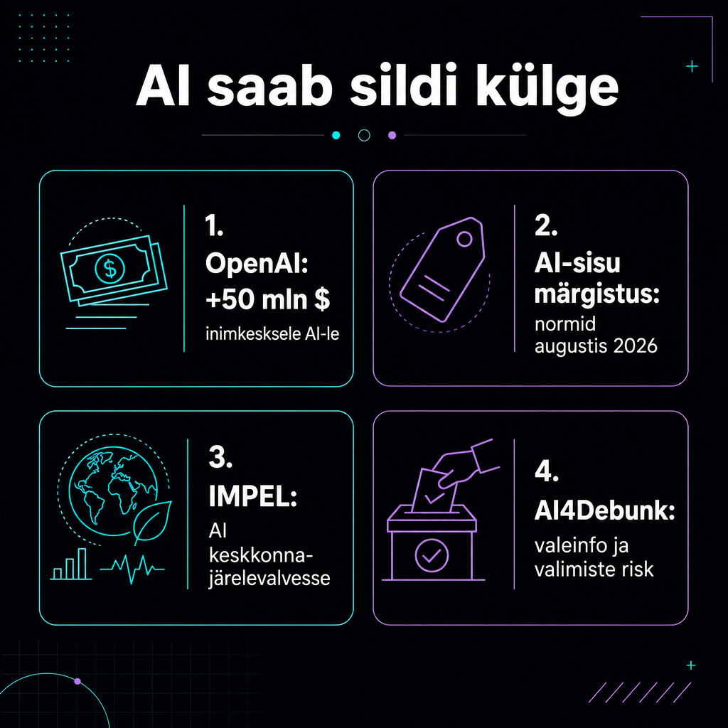 Tume minimalistlik infograafik OpenAI fondi, Euroopa AI-sisu märgistamise ja keskkonnajärelevalve teemadest