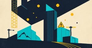 Neo-brutalistlik abstraktne illustratsioon triljonidollarilisest AI-impeeriumist, kus geomeetrilised tornid sümboliseerivad kapitali, regulatsiooni ja küberturvet.