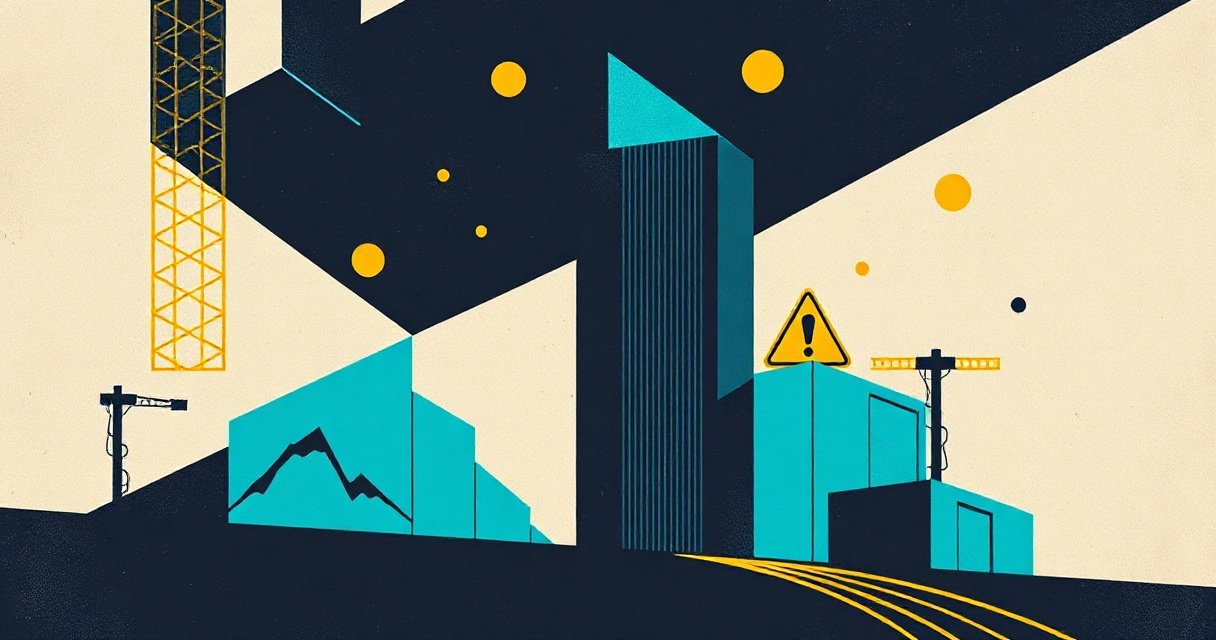Neo-brutalistlik abstraktne illustratsioon triljonidollarilisest AI-impeeriumist, kus geomeetrilised tornid sümboliseerivad kapitali, regulatsiooni ja küberturvet.