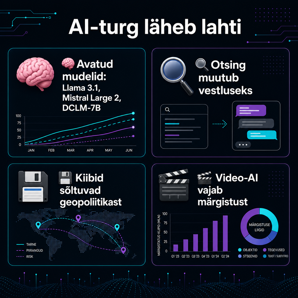 Tume minimalistlik infograafik päeva AI-uudistest, näidates avatud mudeleid, otsingusõda, kiipe ja videot.