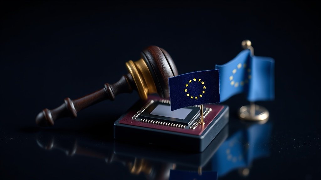 Tume minimalistlik infograafik nelja põhipunktiga USA AI-kontrolli, OpenAI pidurduse, Google Meta piirangu ja Euroopa läbipaistvusreeglite kohta.