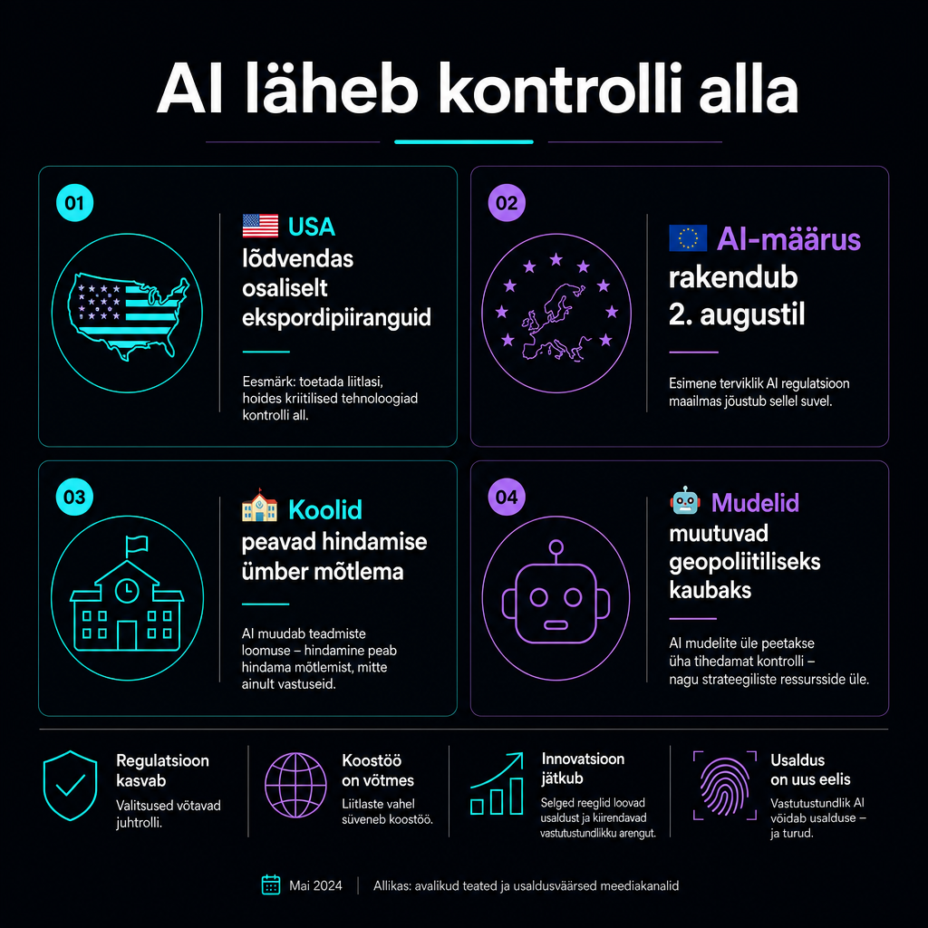 Tume minimalistlik infograafik kolme peamise AI-uudisega: ekspordipiirangud, Euroopa regulatsioon ja koolide muutumine.