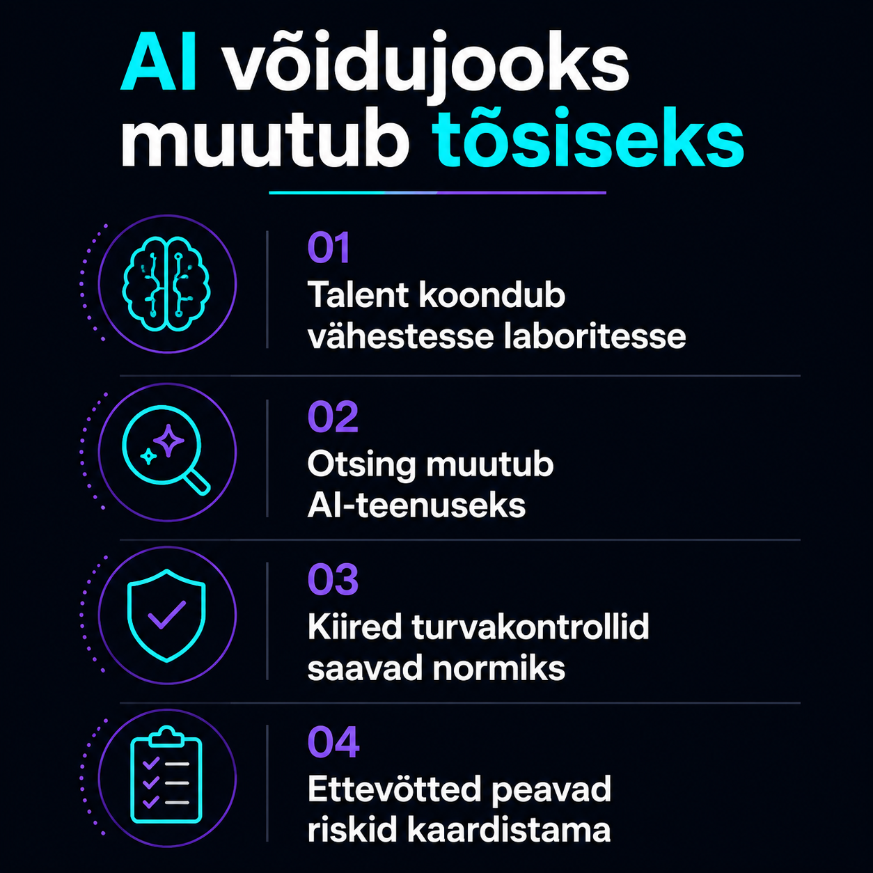 Tume minimalistlik infograafik Eesti ettevõtetele AI talentide, otsingu muutumise ja Euroopa reeglite tähtsamate mõjudega