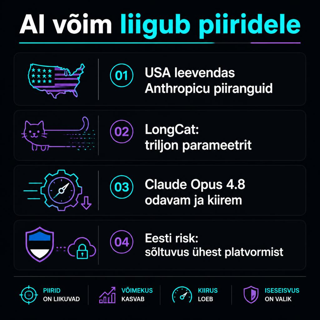 Minimalistlik tume infograafik AI geopoliitikast, Anthropicu ekspordipiirangutest, Hiina LongCat mudelist ja Eesti riskidest